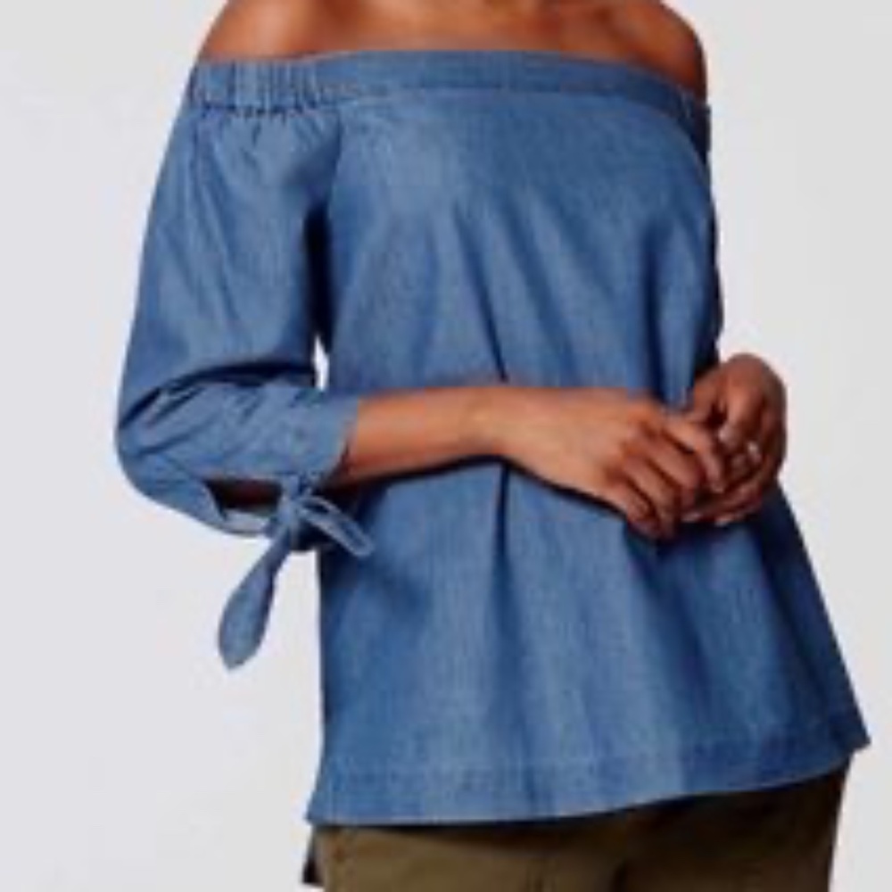 Loft cotton chambray off the shoulder top Sz XL 3/4 tie sleeve